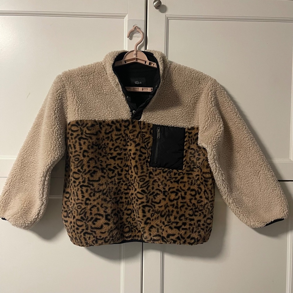 Rails Women Pullover Cream Leopard Mix Sherpa Faux Fur Fleece Large